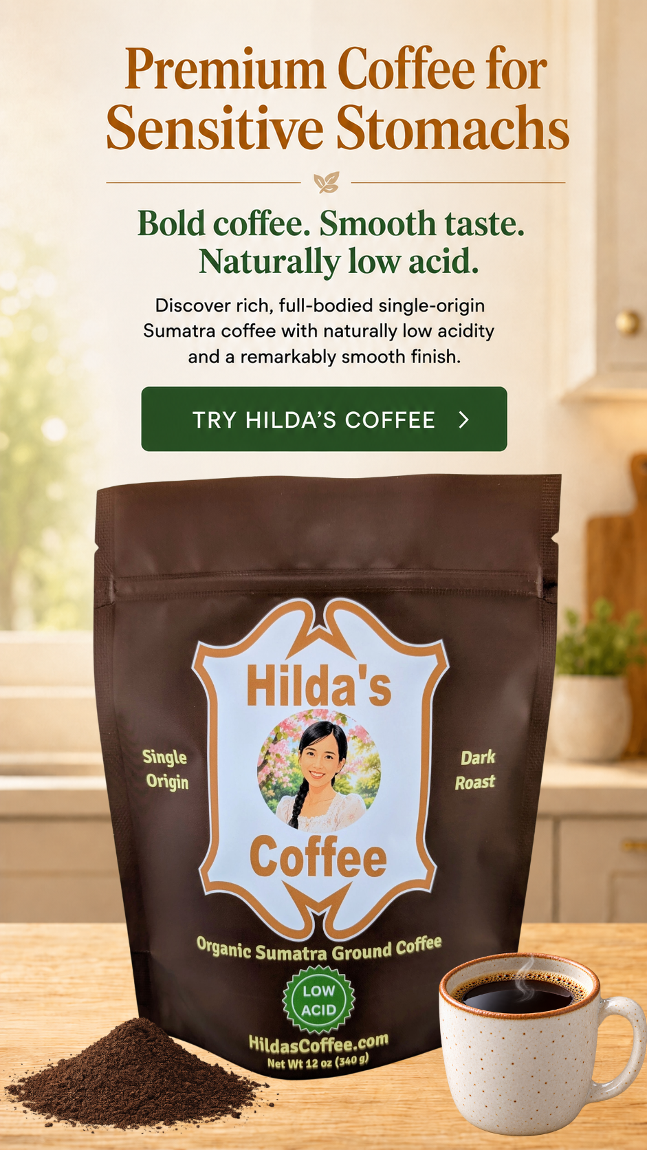 A promotional product image for Hilda's Coffee showing a dark brown stand-up pouch of organic Sumatra ground coffee on a wooden surface, with a small cup of coffee and loose coffee powder in front. Large marketing text on the left reads 'Premium Coffee for Sensitive Stomachs' and 'Bold coffee. Smooth taste. Naturally low acid.' The sub-description reads 'Discover rich, full bodied single-origin Sumatra coffee with naturally low acidity and a remarkably smooth finish.' 